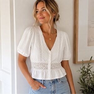 Topshop White Cotton Lace Peplum Blouse Cottagecore Boho- Size 6 (Small)